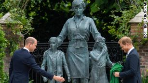 Britain&#39;s Prince William, left, and Prince Harry during the unveiling of a statue they commissioned of their mother Diana, Princess of Wales, in the Sunken Garden at Kensington Palace, London, on what would have been her 60th birthday, Thursday, July 1, 2021. 