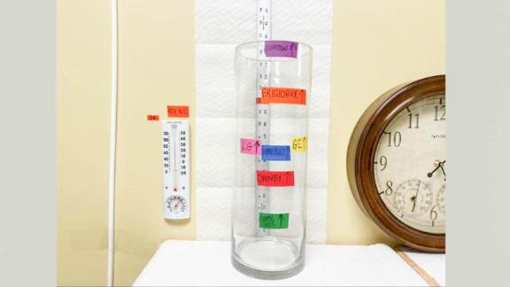 We kept track of how many pints of water were collected by each dehumidifier over a test period using color-coded tape we affixed to the water line on the outside of a tall glass vase.