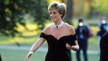 Princess Diana arriving at the Serpentine Gallery in London in a gown by Christina Stambolian in 1994