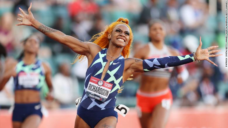 Richardson celebrates winning the 100m final at the US Olympic trials.