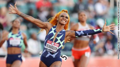 Sha&#39;Carri Richardson celebrates winning the 100-meter final at the US Olympic team trials in June.