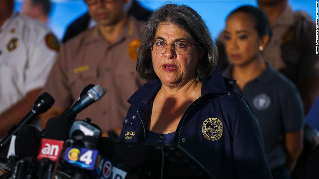 Miami-Dade Mayor Daniella Levine Cava delivers a speech during a rescue operation of the partially collapsed Champlain Towers South in Surfside, Florida on June 29, 2021. 