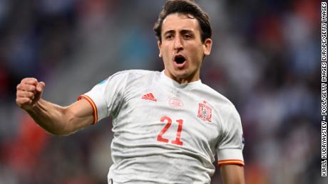 Mikel Oyarzabal celebrates his side&#39;s victory in the penalty shootout. 