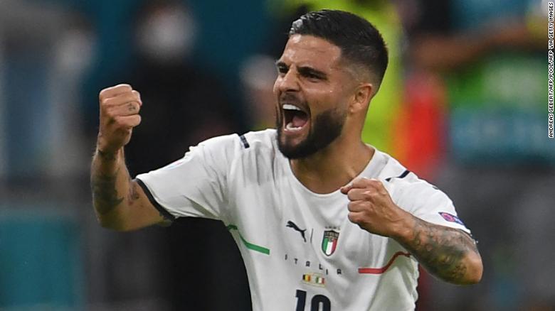 Lorenzo Insigne celebrates after scoring Italy&#39;s second.