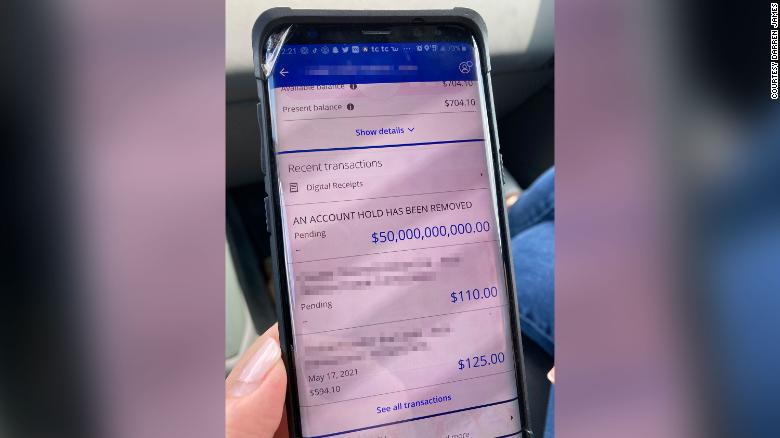 A bank accidentally deposited $50 billion into a Louisiana family&#39;s account. A portion of this image has been blurred by CNN to protect personal information. 