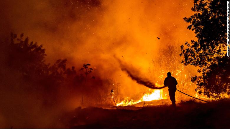 A firefighter battles the flame in a forest on the slopes of the Troodos mountain chain on July 3.