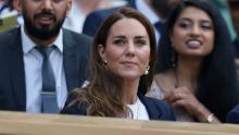 Britain&#39;s Catherine, Duchess of Cambridge sits in the royal box before Tunisia&#39;s Ons Jabeur and Spain&#39;s Garbine Muguruza play their women&#39;s singles third round match on the fifth day of the 2021 Wimbledon Championships at The All England Tennis Club in Wimbledon, southwest London, on July 2, 2021. - RESTRICTED TO EDITORIAL USE (Photo by Adrian DENNIS / AFP) / RESTRICTED TO EDITORIAL USE (Photo by ADRIAN DENNIS/AFP via Getty Images)