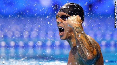 Dressel celebrates during the men&#39;s 100m freestyle final at the US Olympic trials in Omaha, Nebraska, last month.