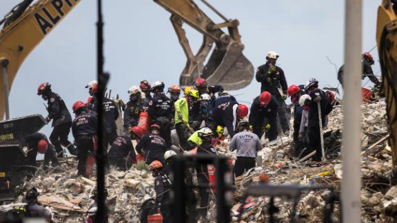 Rescue crews work at the site of the collapsed building in Surfside, Florida, on Tuesday, July 6. 