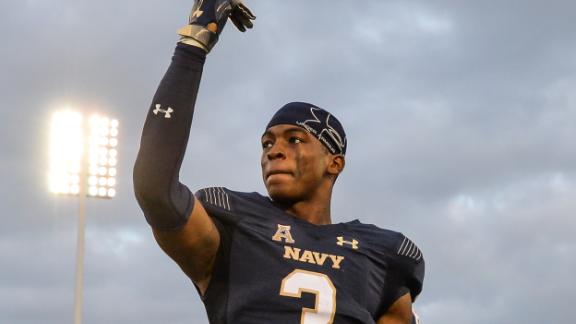 September 15, 2018 - Cameron Kinley greats the crowd before singing the Blue and Gold following the game held at Navy-Marine Crops Memorial Stadium in Annapolis, Maryland. 