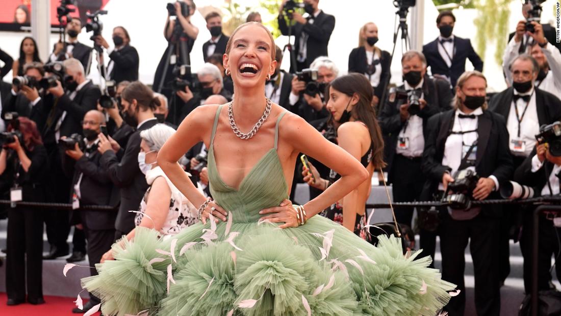 German influencer Leonie Hanne wore a Nicole + Felicia Couture tulle frock in sage green.