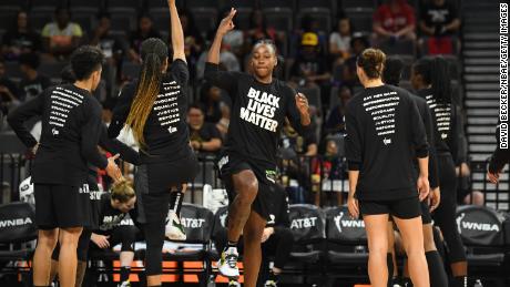 Jewell Loyd of the Seattle Storm warms up with teammates before the game against the Las Vegas Aces on June 27, 2021 at  Michelob ULTRA Arena in Las Vegas, Nevada.