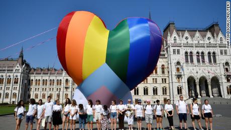 Activists protesting against what they say is an anti-LGBT law gather in front of a rainbow balloon at Hungary&#39;s parliament in  in Budapest on Thursday.