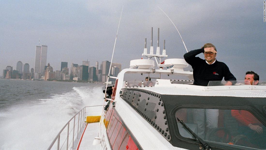 Branson pilots his speedboat, the Virgin Atlantic Challenger II, in New York Harbor in 1986. He zipped across the Atlantic in a record-breaking time of three days, eight hours and 31 minutes. He tried to break the record a year earlier, but his $2 million vessel sank.