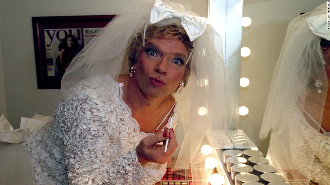 Branson applies makeup before the launch of his Virgin Brides venture in 1996. The business combined weddings and honeymoons in a one-stop shop.