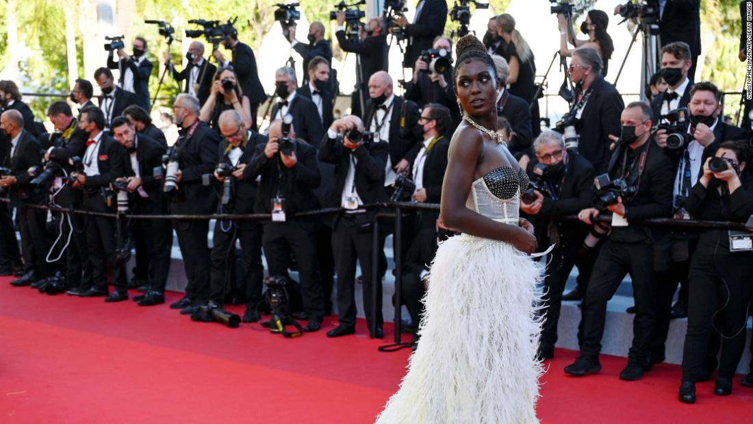 British actress Jodie Turner-Smith stole the show in a custom Gucci gown with a two-tone feather skirt and studded bodice.