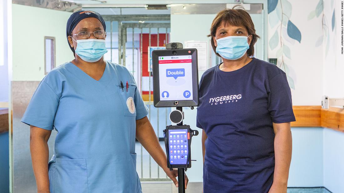 A robot known as &quot;Quintin Quarantino&quot; was deployed by nurses at Tygerberg Hospital in Cape Town, South Africa, during the Covid-19 pandemic, to help ICU patients make video and voice calls with family members.