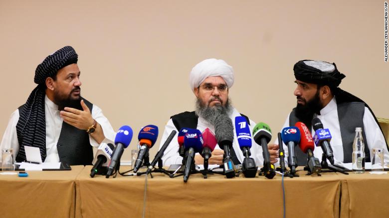 Mohammad Naim, Mawlawi Shahabudding Delawar and Suhil Shaheen, members of a political delegation from the Taliban, attend a news conference in Moscow, Russia, onJuly 9, 2021.