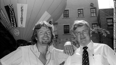 Richard Branson and Per Lindstrand attend a press conference to announce their &#39;Trans Atlantic Balloon Challenge&#39; attempt to cross the Atlantic Ocean in the &#39;Virgin Atlantic Flyer&#39; hot air balloon on May 12, 1987 in New York City. 