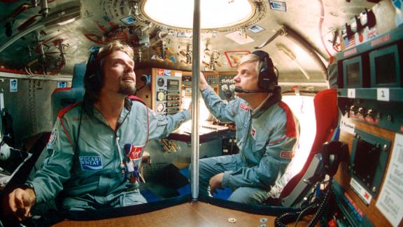 Richard Branson and Per Lindstrand in the balloon capsule before launch in Japan, 1991