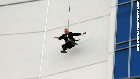 Founder of the Virgin Group Richard Branson stunts off The Palms Fantasy Tower at The Palms Casino Resort on October 10, 2007 in Las Vegas, Nevada. 