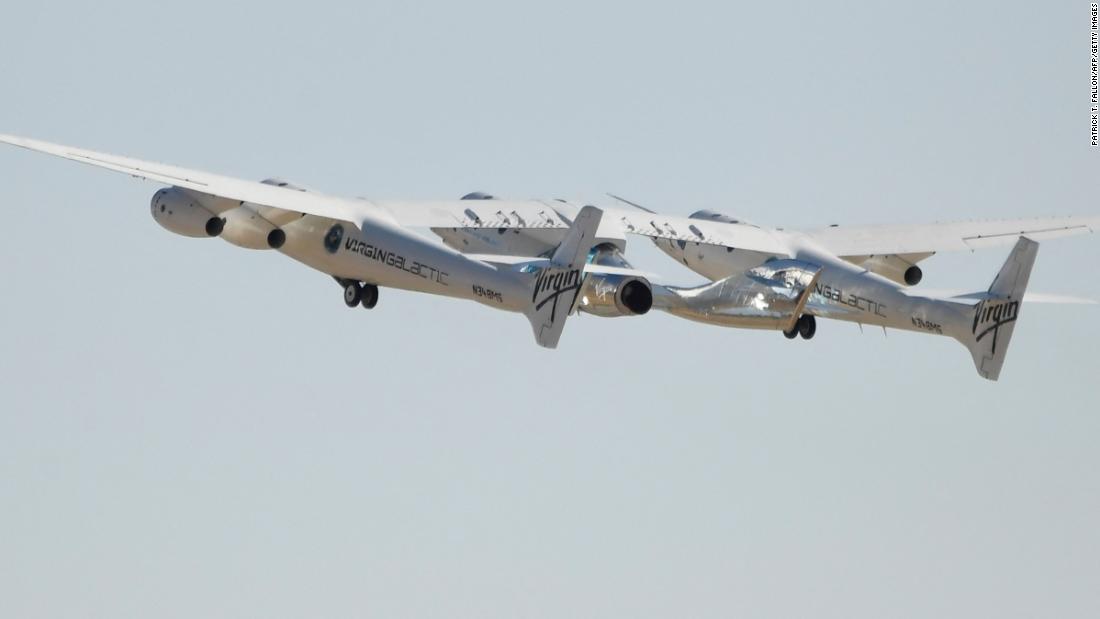 The space plane carrying Richard Branson lifts off from Spaceport America near Truth or Consequences, New Mexico, on Sunday, July 11.