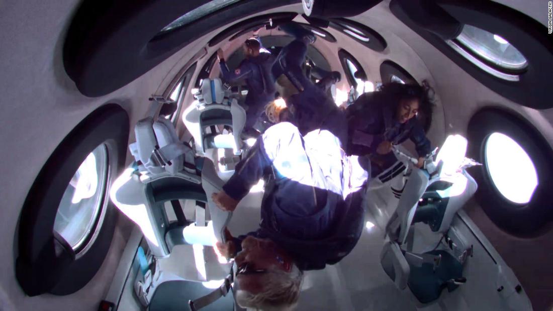Branson and the other crew members experience weightlessness at the edge of space.
