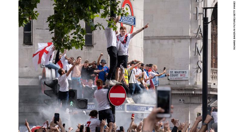 Hours before the England plays Italy in Euro 2020 final, thousands of supporters crowd outside Leicester Square tube station.
