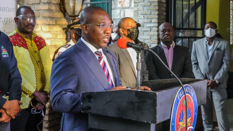 Haiti&#39;s interim Prime Minister Claude Joseph at a press conference in Port-au Prince on July 11, four days after the assassination of the country&#39;s president.