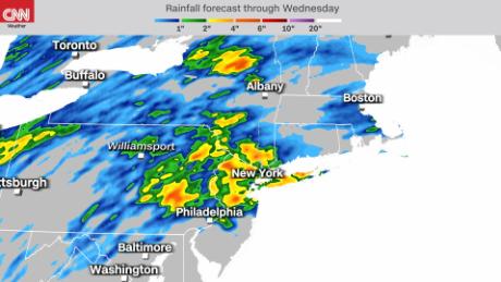 Up to 5 inches of rainfall is possible in some areas of the Northeast through Wednesday.