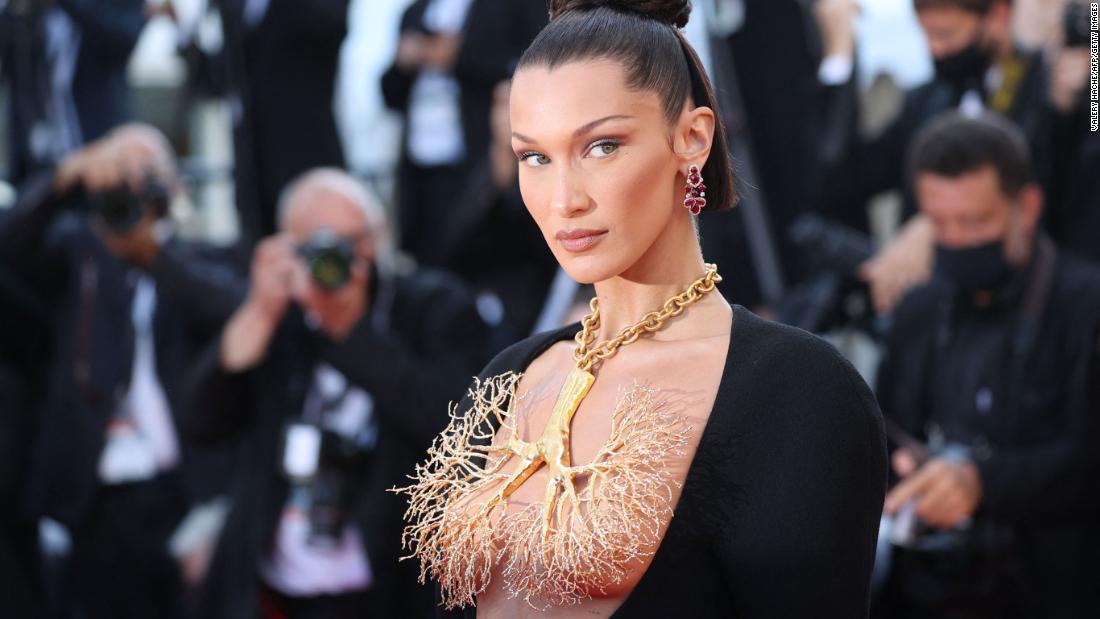 Bella Hadid looked straight off the runway in a  Schiaparelli gown from the new couture collection.