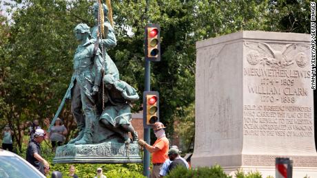 The statue of Meriwether Lewis, William Clark and Sacagawea is removed on July 10.
