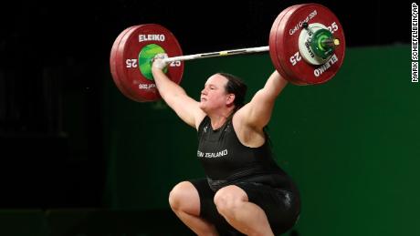 In this April 9, 2018 file photo, New Zealand&#39;s Laurel Hubbard lifts in the snatch of the women&#39;s +90kg weightlifting final at the 2018 Commonwealth Games on the Gold Coast, Australia.