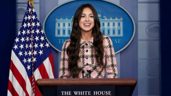 Teen pop star Olivia Rodrigo speaks at the beginning of the daily briefing at the White House in Washington, Wednesday, July 14, 2021. Rodrigo is at the White House to film a video to promote vaccines. 