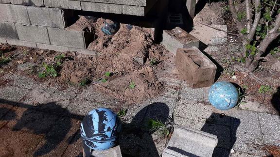 He removed a cinder block from the porch and saw a blue & black sphere. 