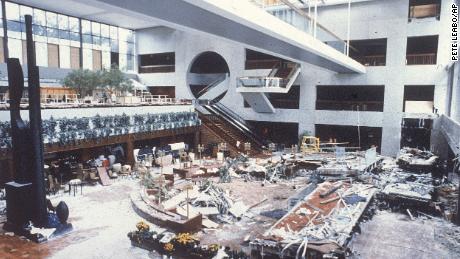 Two skywalks that spanned the second and fourth floors of the Hyatt Regency Hotel in Kansas City, Missouri, lie in ruins after collapsing on July 17, 1981.