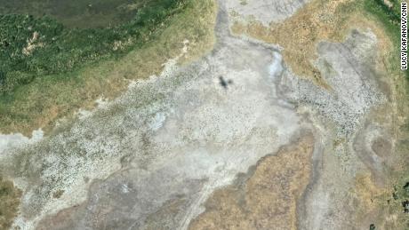 A dried-out portion of Great Salt Lake is seen Wednesday from the air.