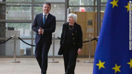 Paschal Donohoe, Ireland&#39;s finance minister, and US Treasury Secretary Janet Yellen arrive at a meeting of EU finance ministers in Brussels, Belgium, on Monday, July 12.