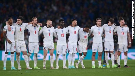 England players watch the penalty shoot-out during the UEFA Euro 2020 Championship final between Italy and England at Wembley Stadium on July 11, 2021.