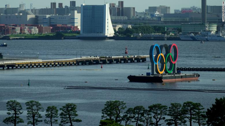 The Olympic Rings float on a barge at Odaiba Marine Park as Tokyo prepares for the 2020 Summer Olympics, Friday, July 16, 2021. The pandemic-delayed games open on July 23 without spectators at most venues. (AP Photo/Charlie Riedel)