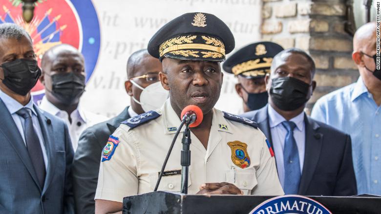 Haitian National Police Chief Léon Charles speaks during a press conference at Haitian Interim Prime Minister Claude Joseph&#39;s residence on July 16, 2021, in Port-au-Prince. 