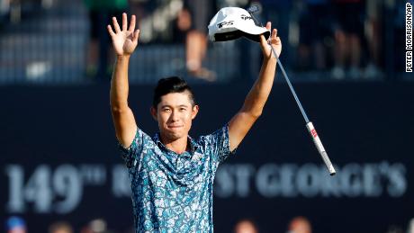 United States&#39; Collin Morikawa celebrates on the 18th green after winning the British Open Golf Championship at Royal St George&#39;s golf course Sandwich, England, July 18, 2021. (AP Photo/Peter Morrison)