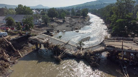 This aerial photo shows a bridge collapsed over the Ahr River in Germany's Ahrweiler district on Sunday.