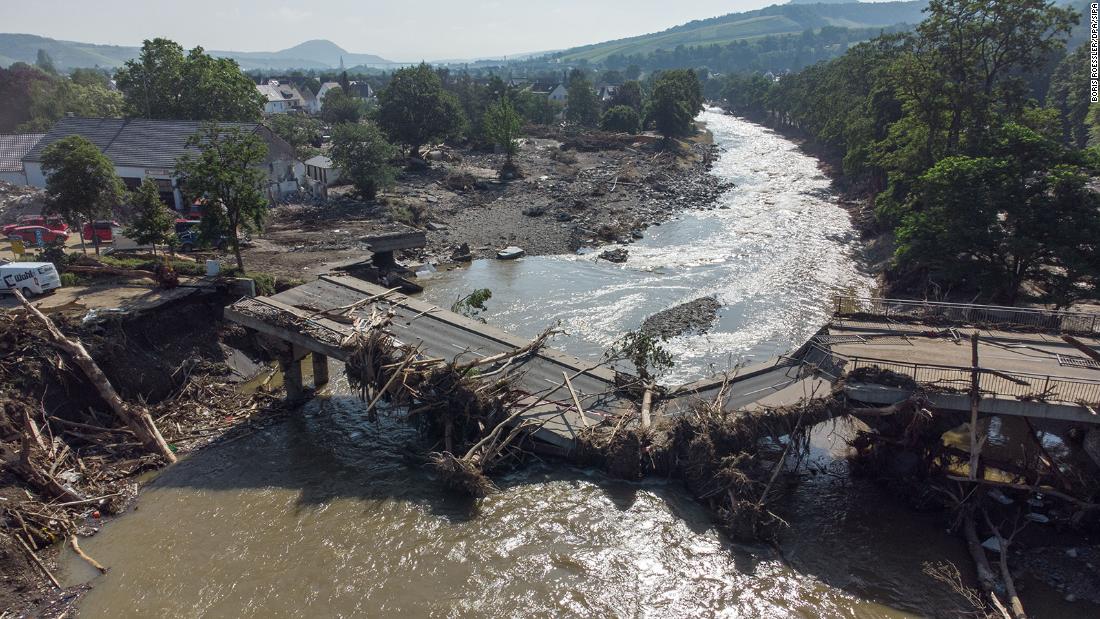 This aerial photo shows a bridge collapsed over the Ahr River in Germany&#39;s Ahrweiler district on Sunday.