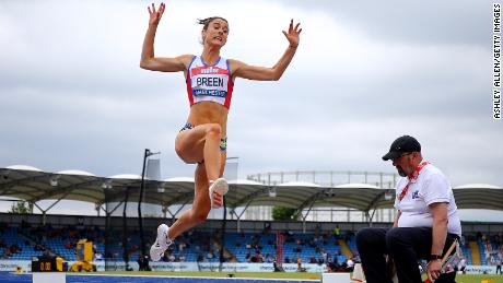 Olivia Breen competing in the Women&#39;s Long Jump Final at the Muller British Athletics Championships in Manchester, England on June 27, 2021 