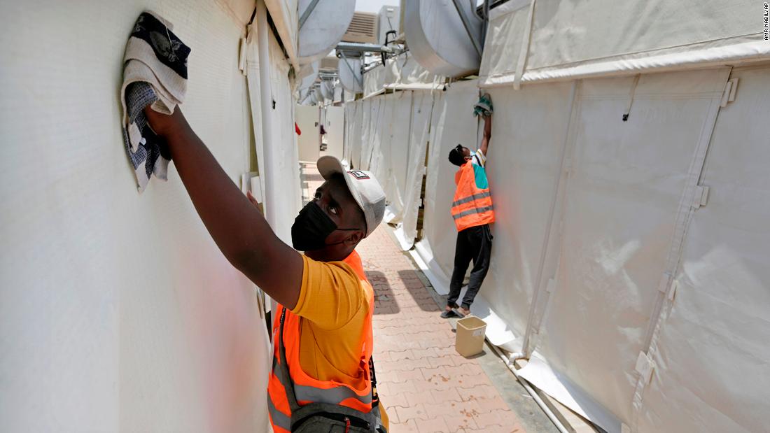 Sudanese workers disinfect tents in Mina as they prepare for Hajj pilgrims on July 14.