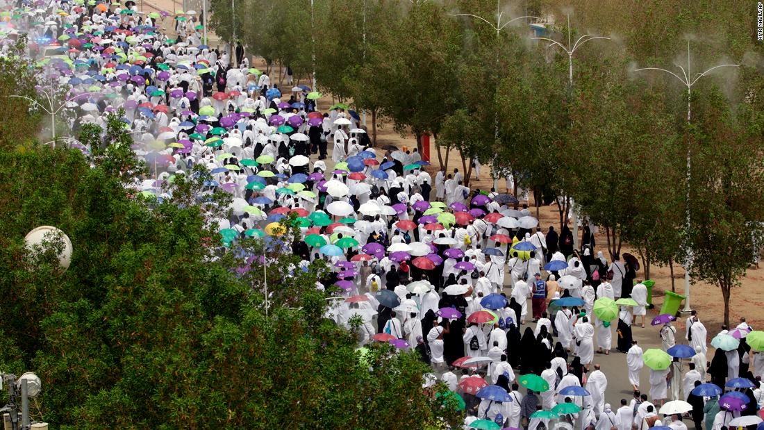 Thousands of pilgrims leave after prayers at the Namira Mosque on Monday.