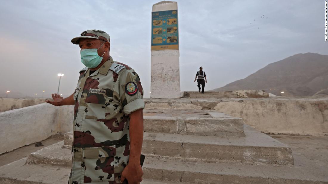 Saudi police guard the entrance to Mount Arafat on Monday.