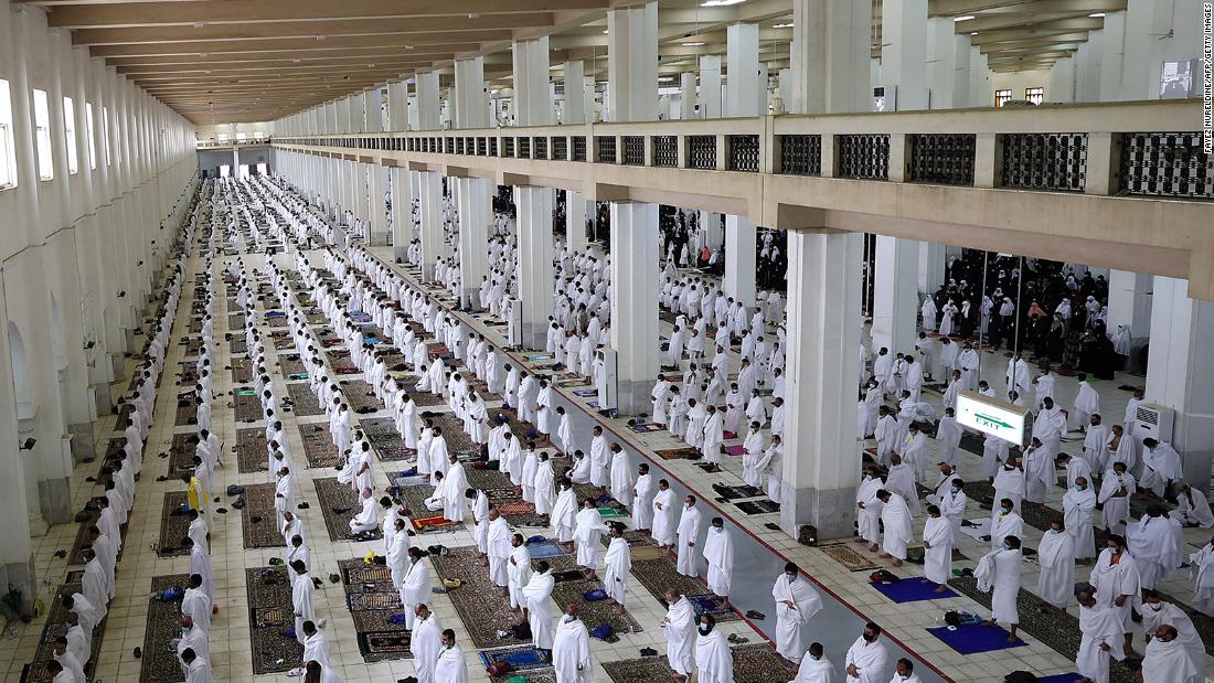 Muslims pray at the Namira Mosque on Monday.