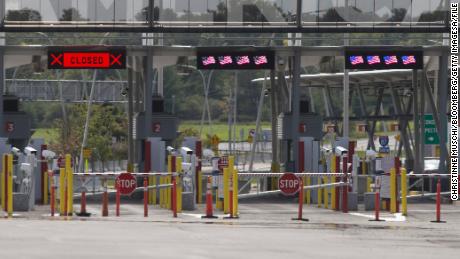 Closed entry lanes at the Canada-US border in Saint-Bernard-de-Lacolle, Quebec, are seen on September 16, 2020. 